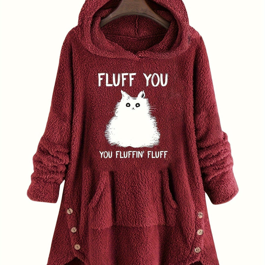 Hoodie för Dam med Kattöron, Kattmotiv och Fickor i Fuskpäls, Burgund/Grå