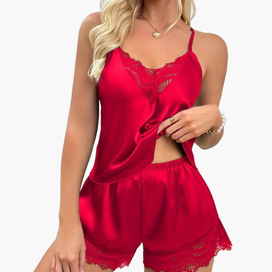Dam Pyjamasset Med Spetsdetalj – Sexig V-ringad Loungewear För Vår och Sommar
