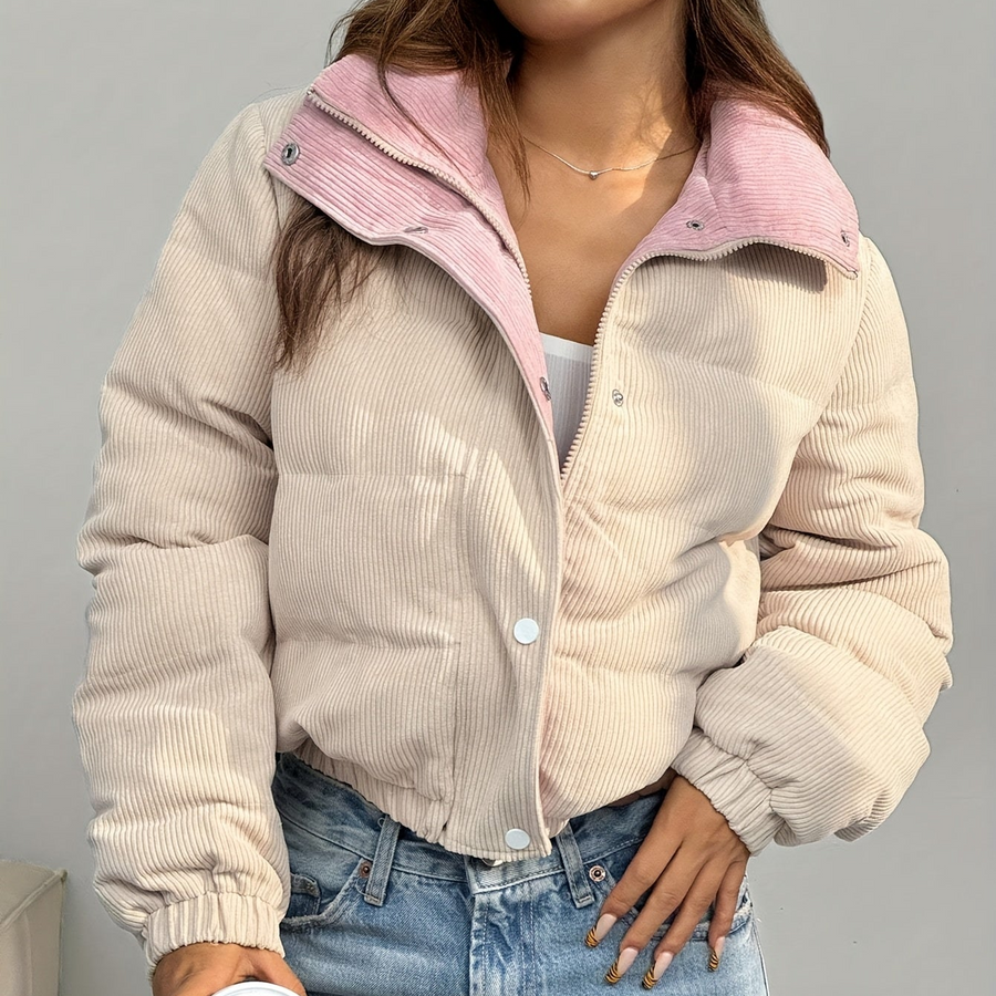 Kort corduroy pufferjacka med ståkrage i tvåfärgad design