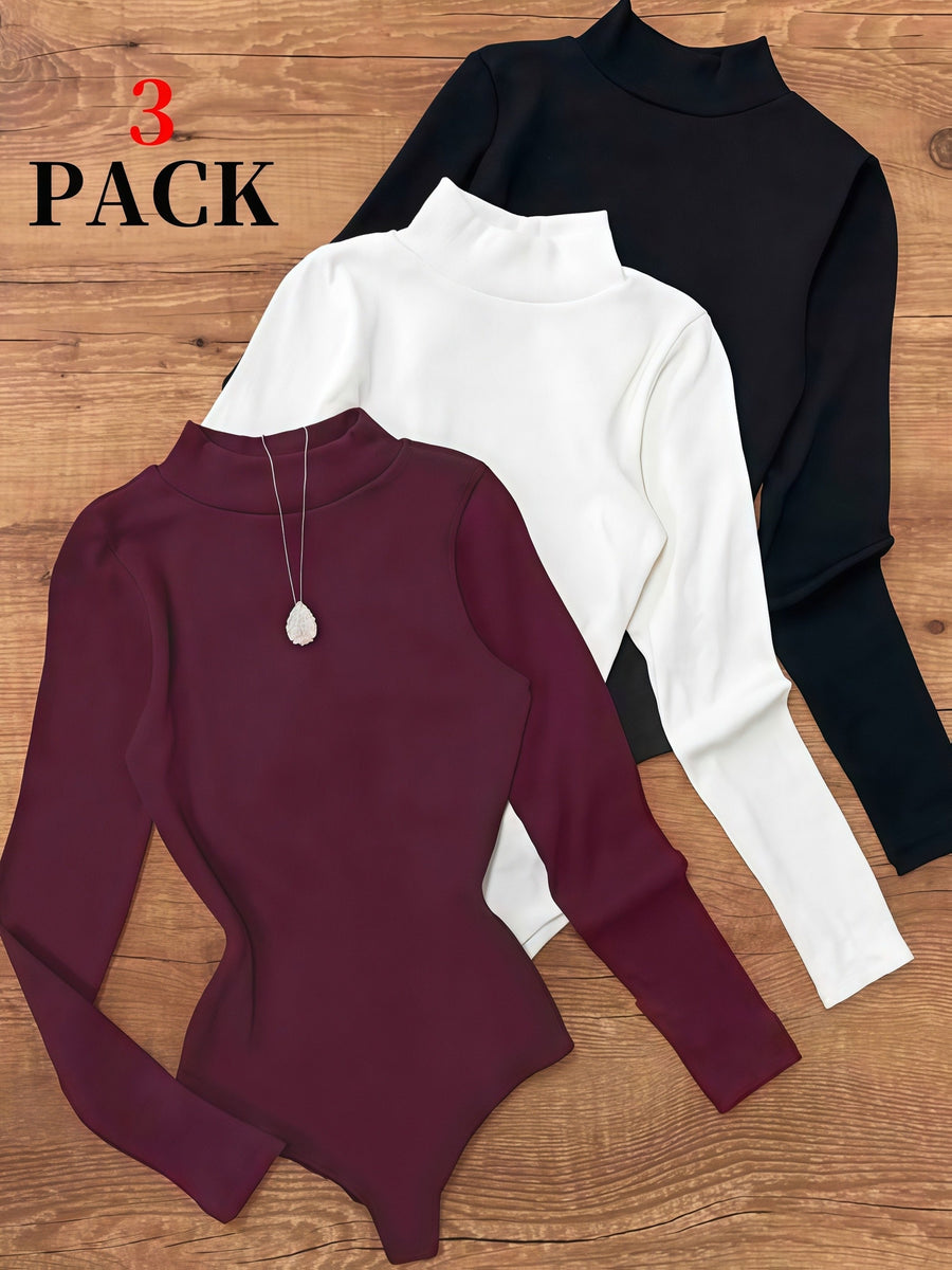 Bodysuit med polokrage, lång ärm, svart, vit och brun