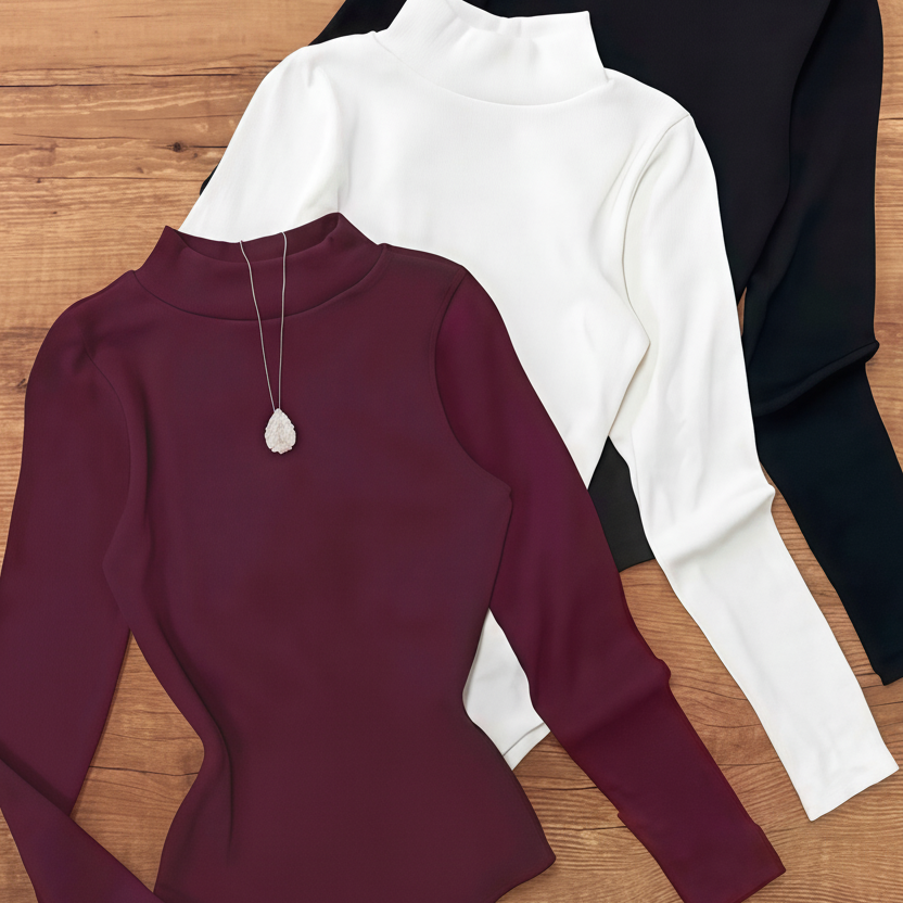 Bodysuit med polokrage, lång ärm, svart, vit och brun