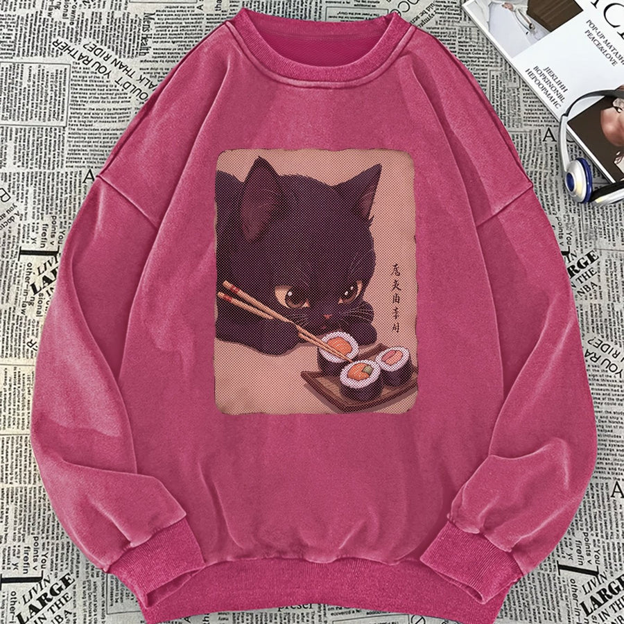 Unisex Tröja med Svart Kattmotiv som Äter Sushi, Långärmad Översize Sweatshirt