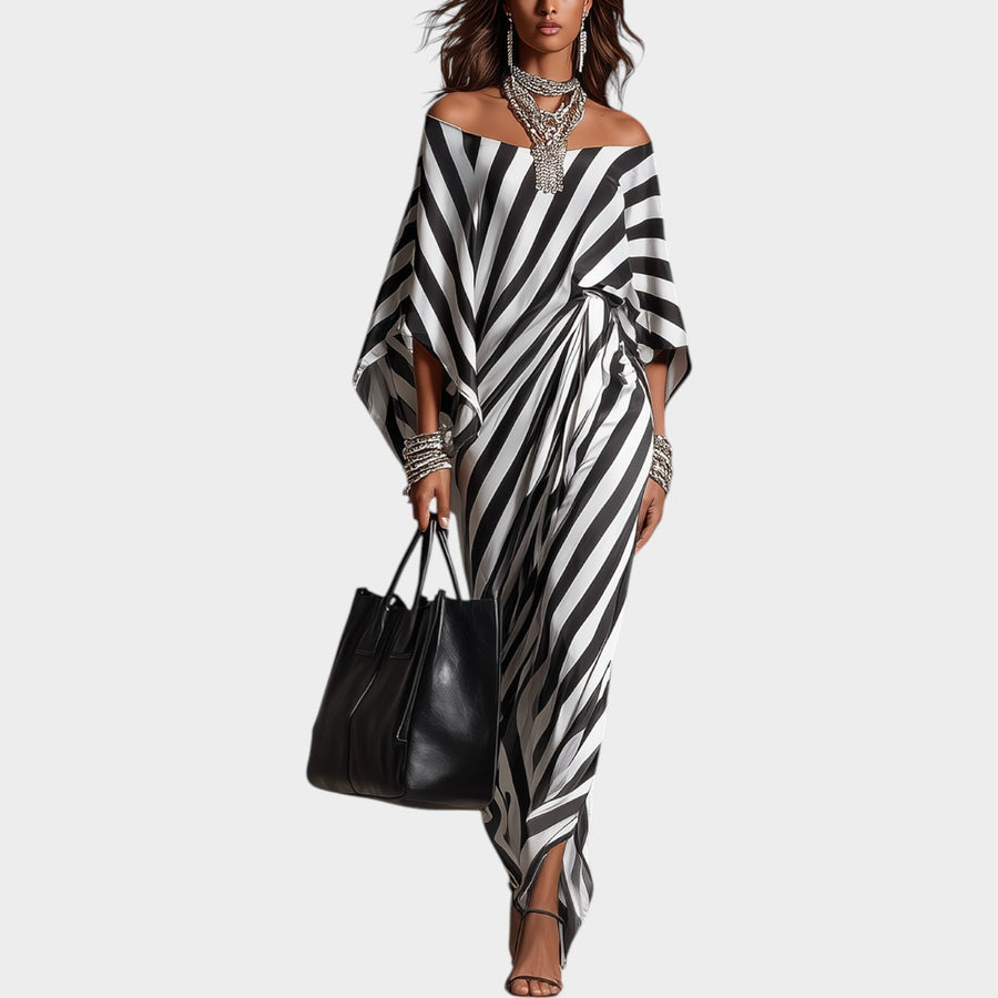 Dam Kaftan Klänning Randig Svart Vit Off-Shoulder Maxilängd