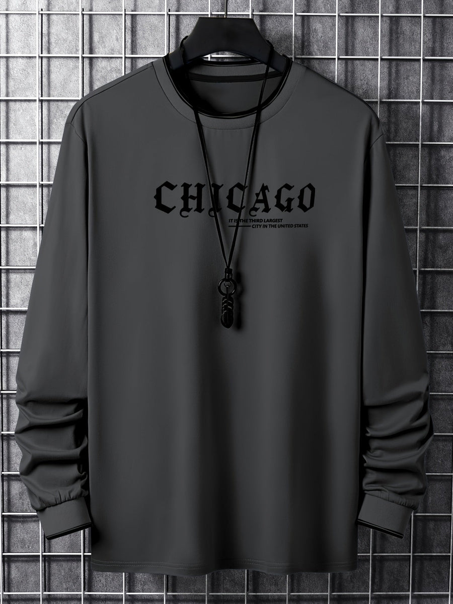 Tröja med lång ärm och Chicago-tryck, rund halsringning, randiga detaljer