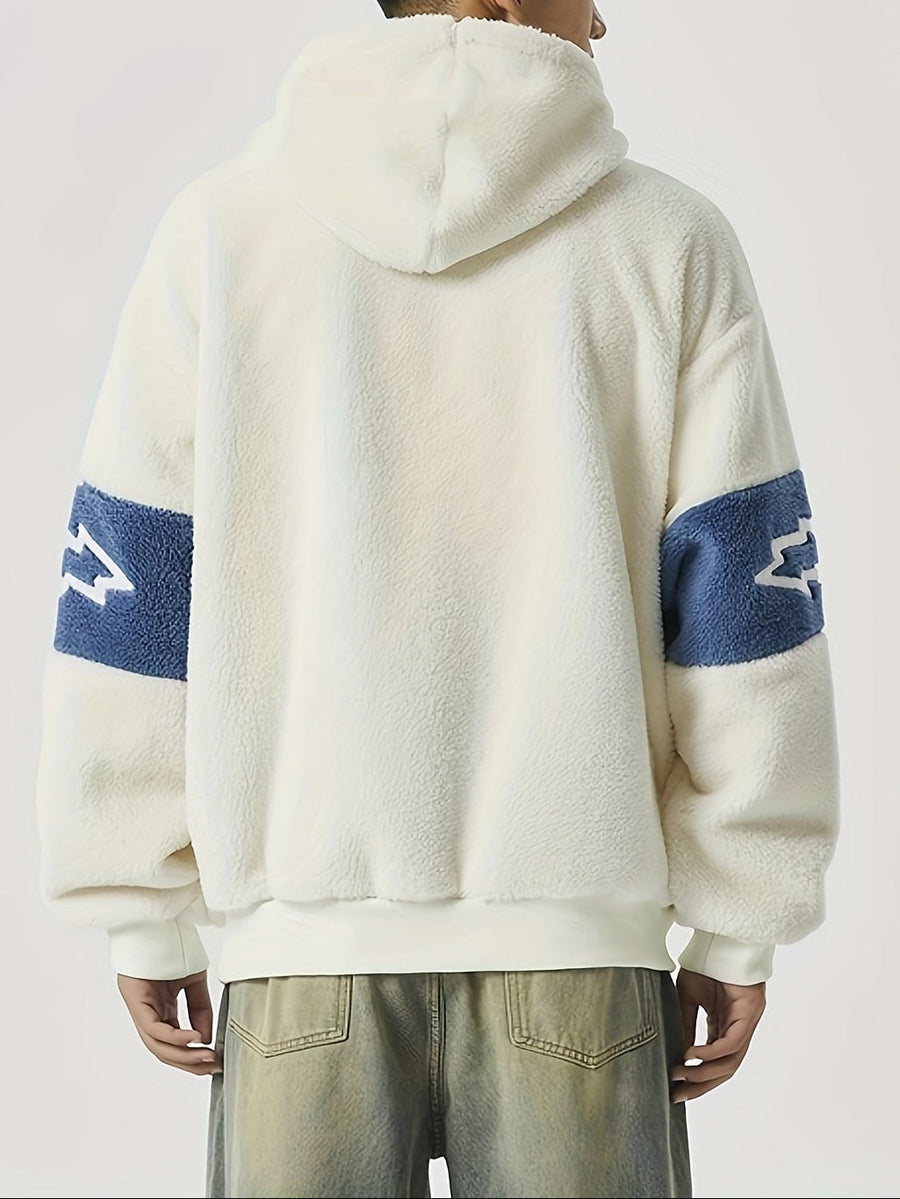 Fleecehuvtröja med halv dragkedja och broderad text, sportig design