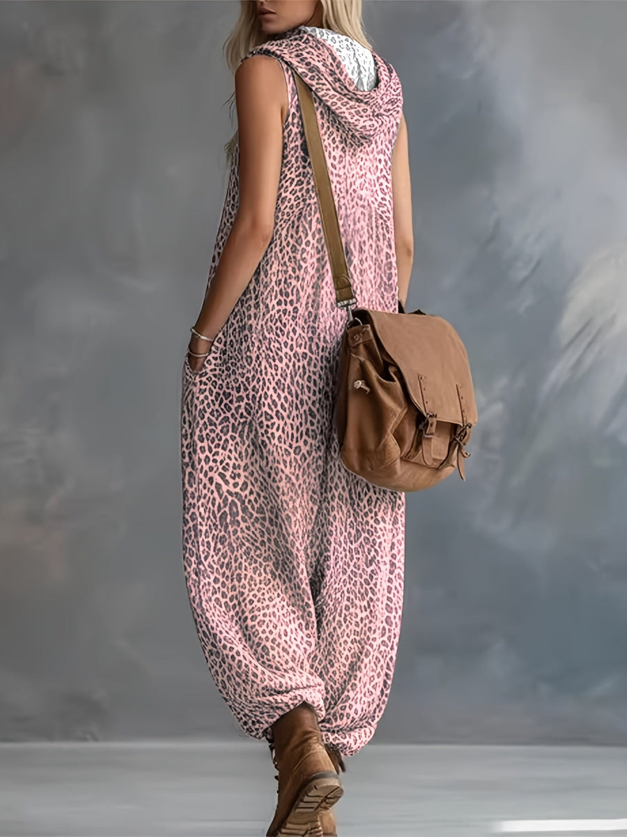 Leopardmönstrad damjumpsuit med huva och dragkedja, ärmlös
