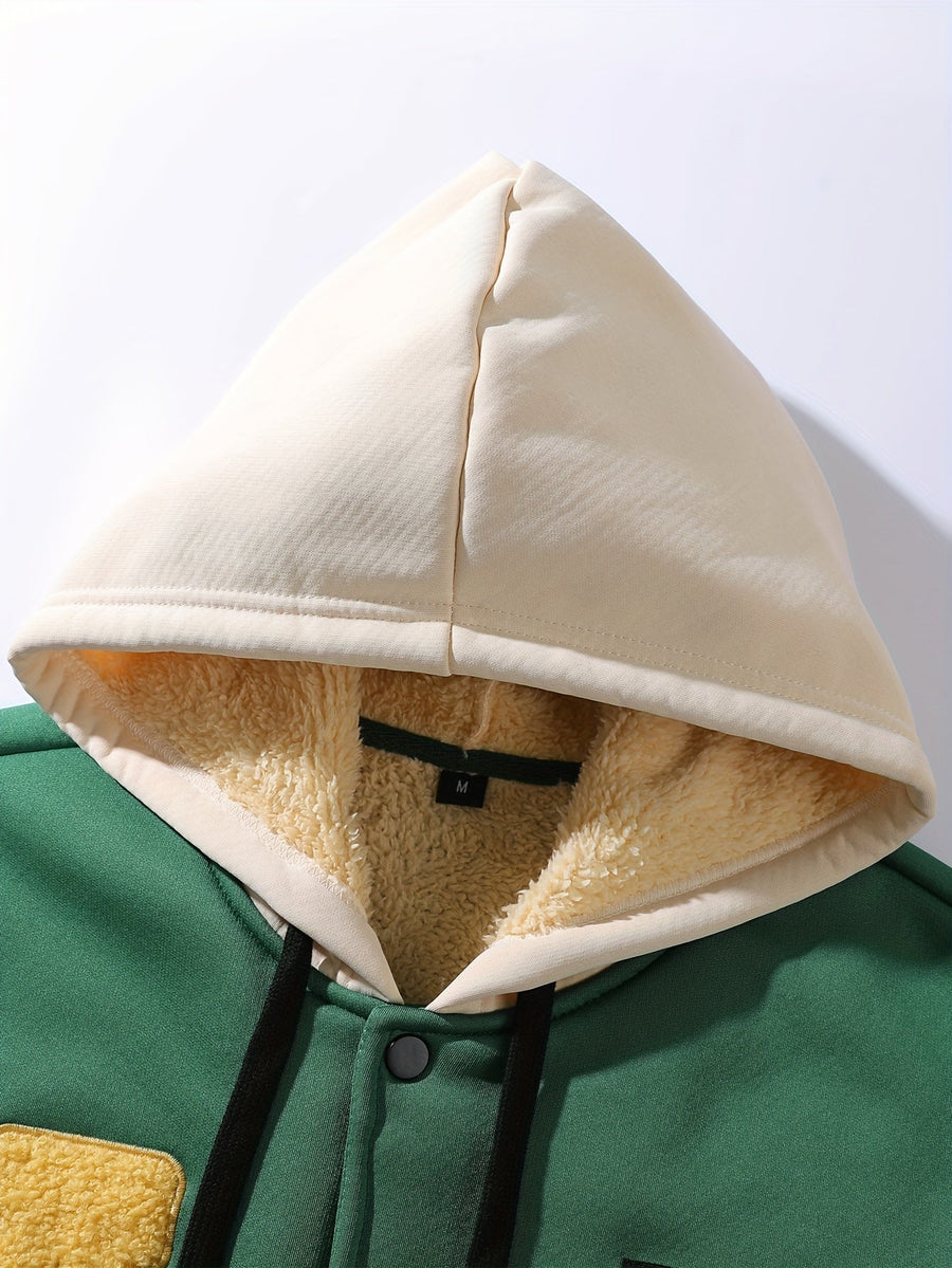 Grön Luvförsedd Bomberjacka med Kontrastfärger och Broderade Detaljer