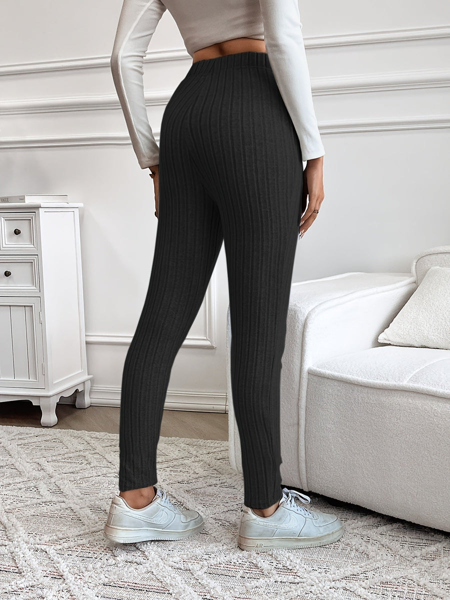 Ribbstickade leggings med hög midja och dragsko för dam