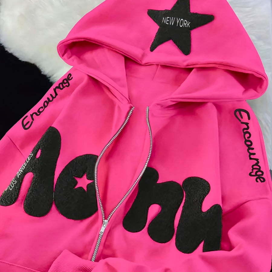 Rosa dragkedjehoodie med stjärna och text