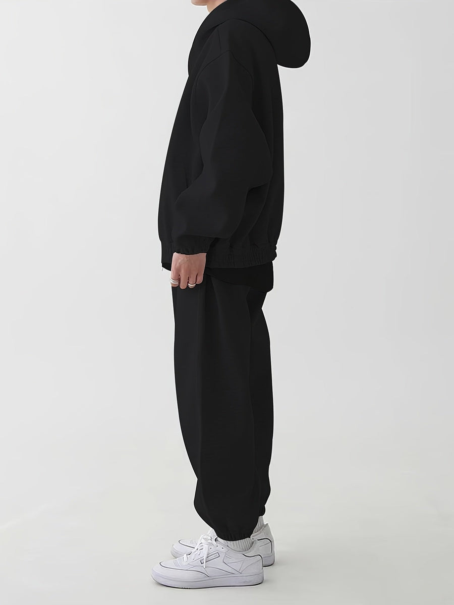 Hoodie och Mjukisbyxor Set, Ensfärgad Träningsset med Dragkedja