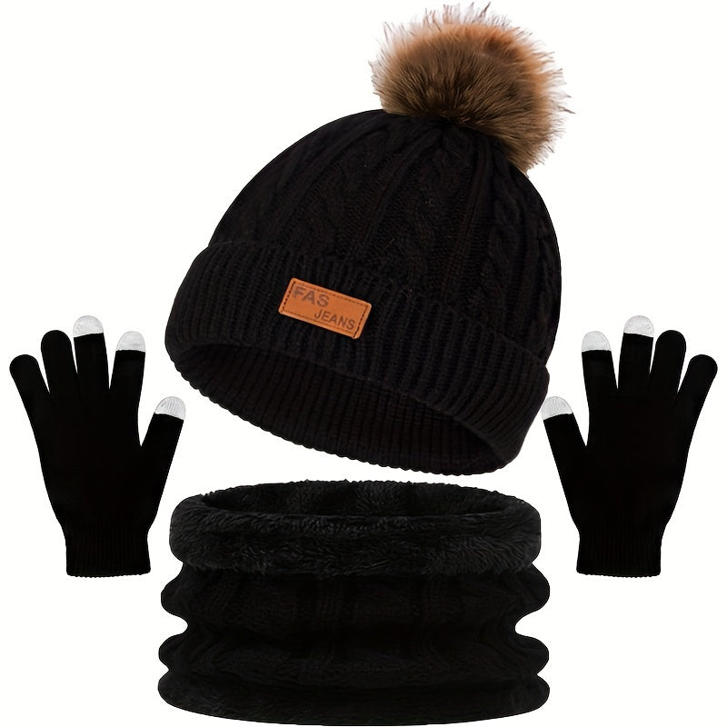 Stickad Mössa Halsduk Vantar Set med Pom-Pom Touchfunktion Vit