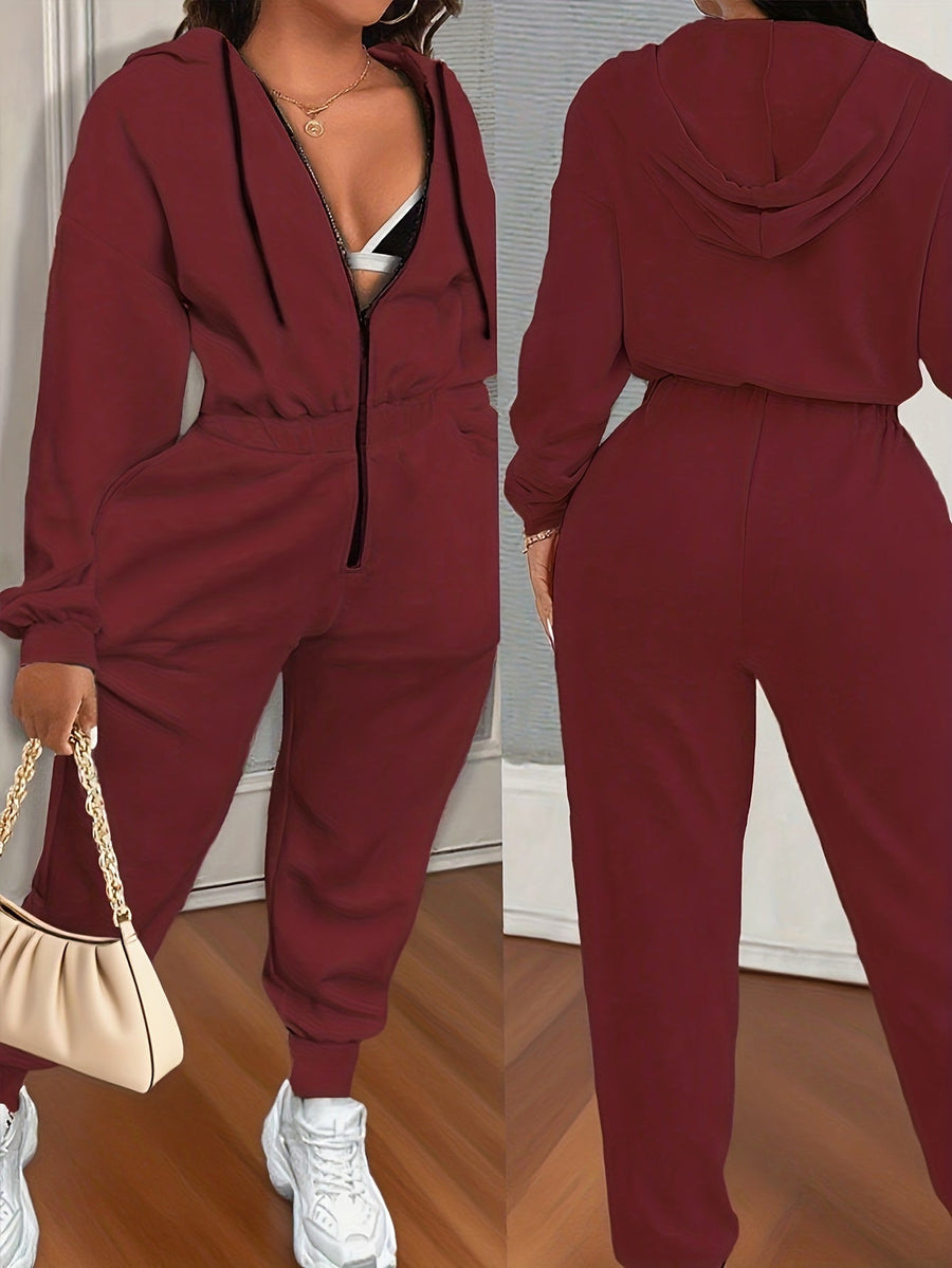 Dam jumpsuit med huva, lång dragkedja och resår i midjan - Beige