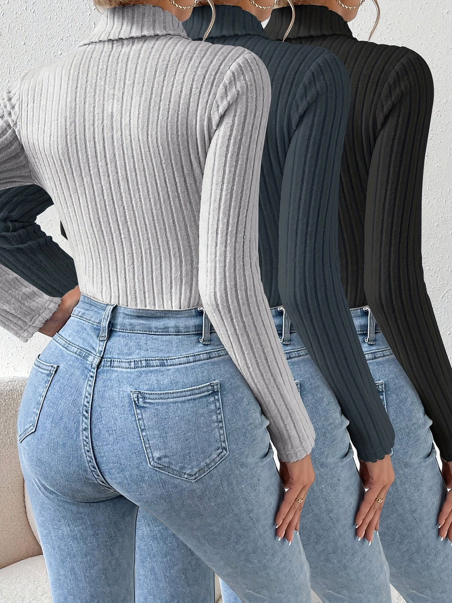 Ribbad långärmad polotröja bodysuit för dam