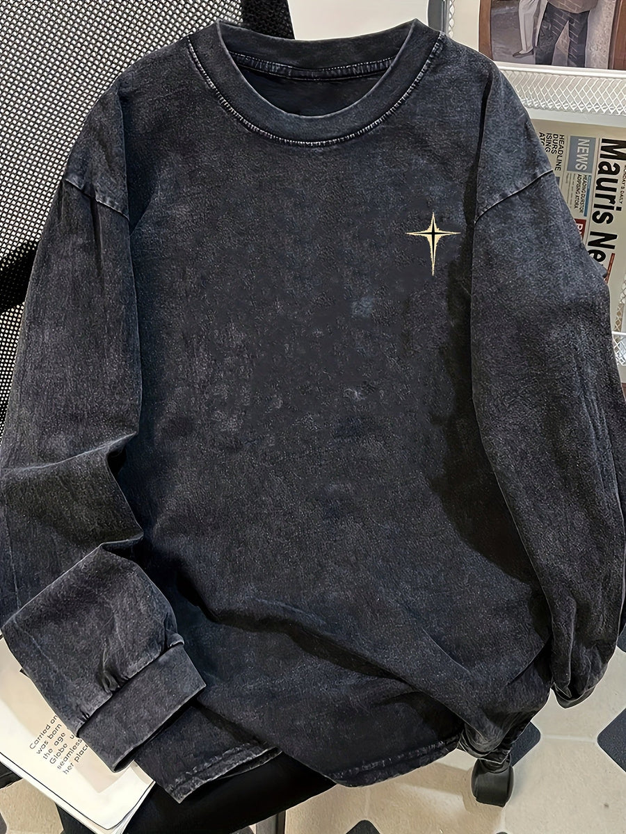Unisex sweatshirt med stjärnmönster, lång ärm, svart/mörkgrå, tvättad look