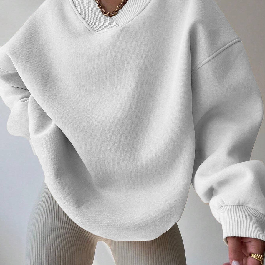 Vit Sweatshirt med V-ringning och Ribbade Detaljer