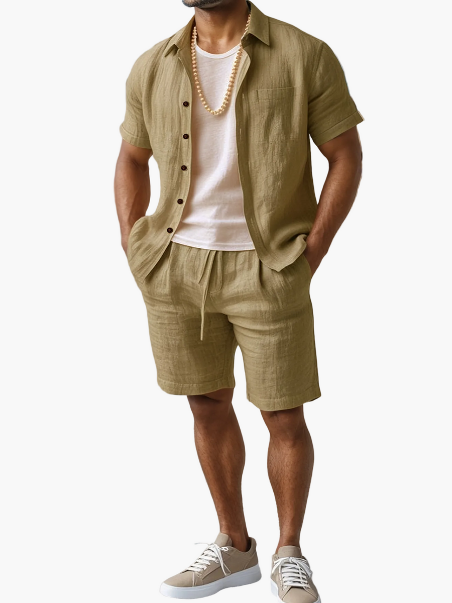 Herrset med kortärmad skjorta och shorts för strand och sommar – Boho-stil