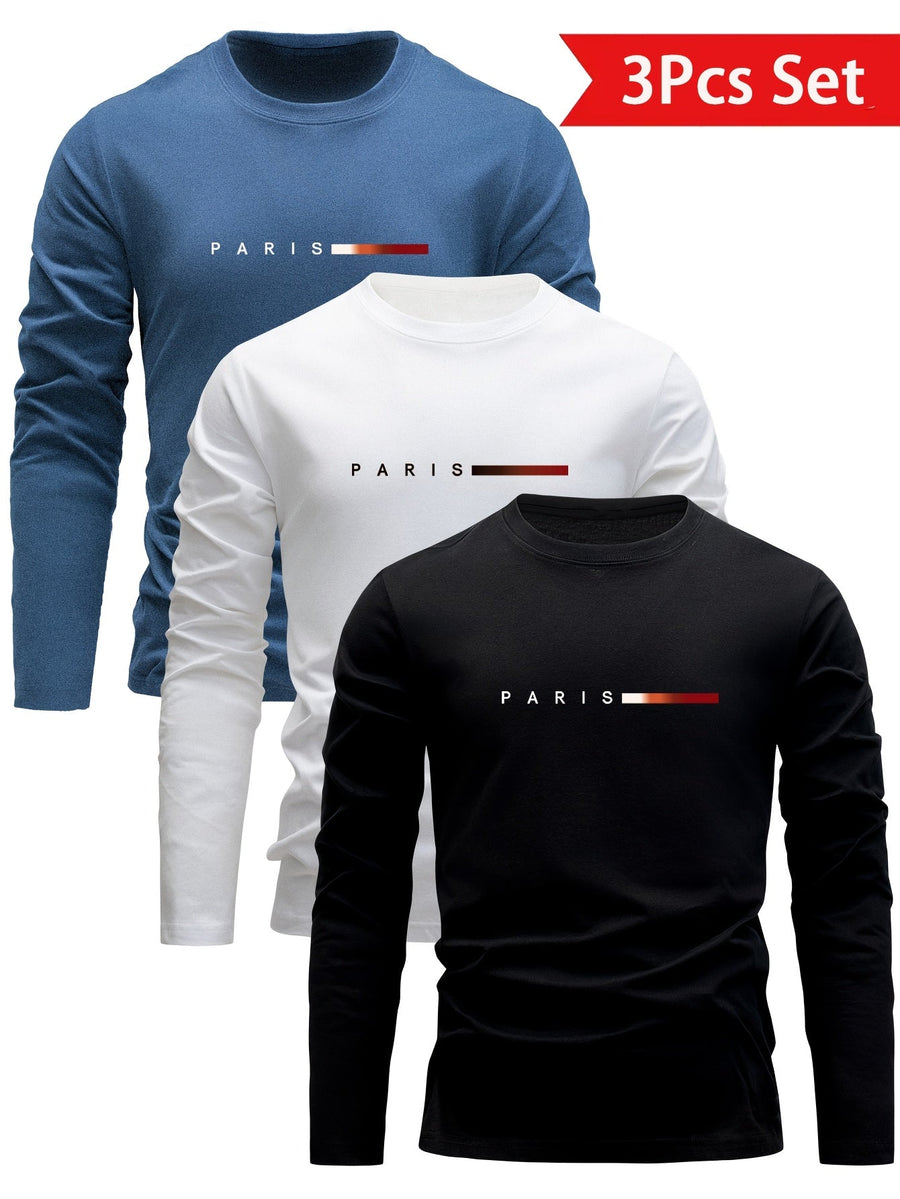 Set om 3 långärmade T-shirts med "PARIS" tryck - Grå, Vit och Svart