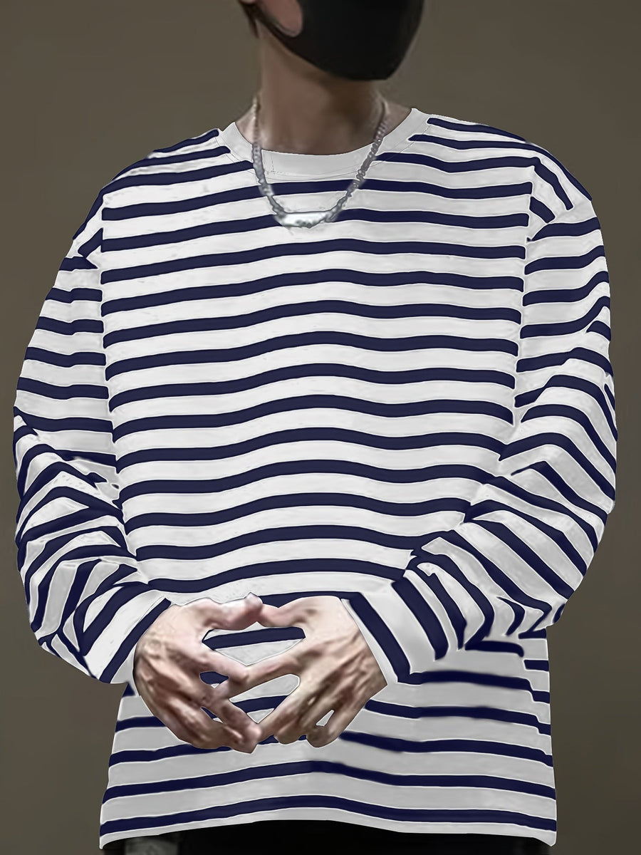 Randig långärmad tröja med rund hals Vit och mörkblå