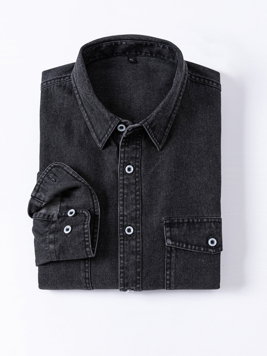 Jeansskjorta med lång ärm och bröstfickor i denimlook