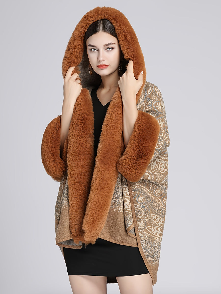 Mönstrad Poncho med Fuskpälsdetaljer och Huva Brun