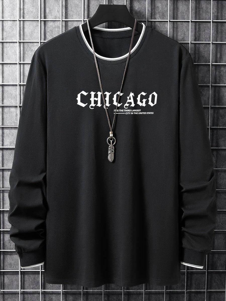 Tröja med lång ärm och Chicago-tryck, rund halsringning, randiga detaljer