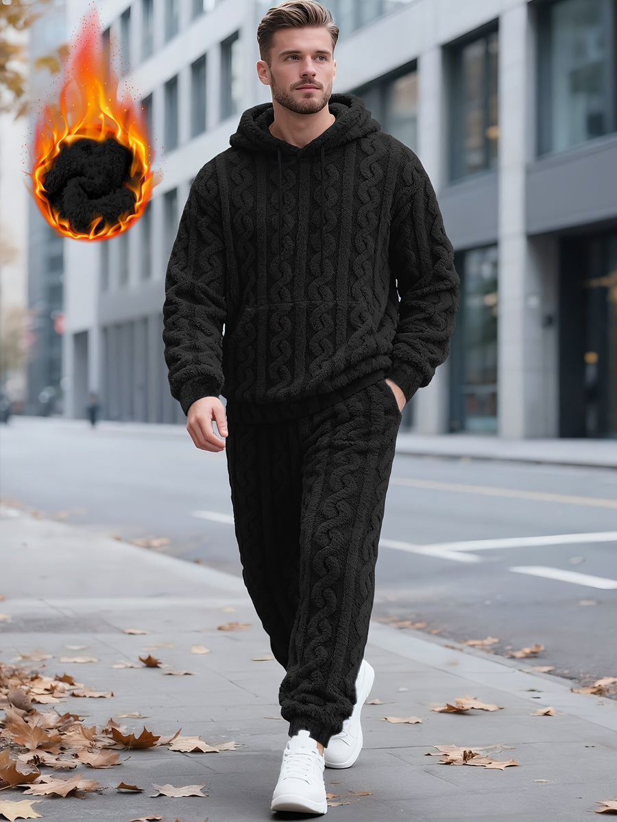 Herr Fluffig Hoodie och Byxor Set med Kabelstickat Mönster, Varm Mjuk Pyjamasdräkt