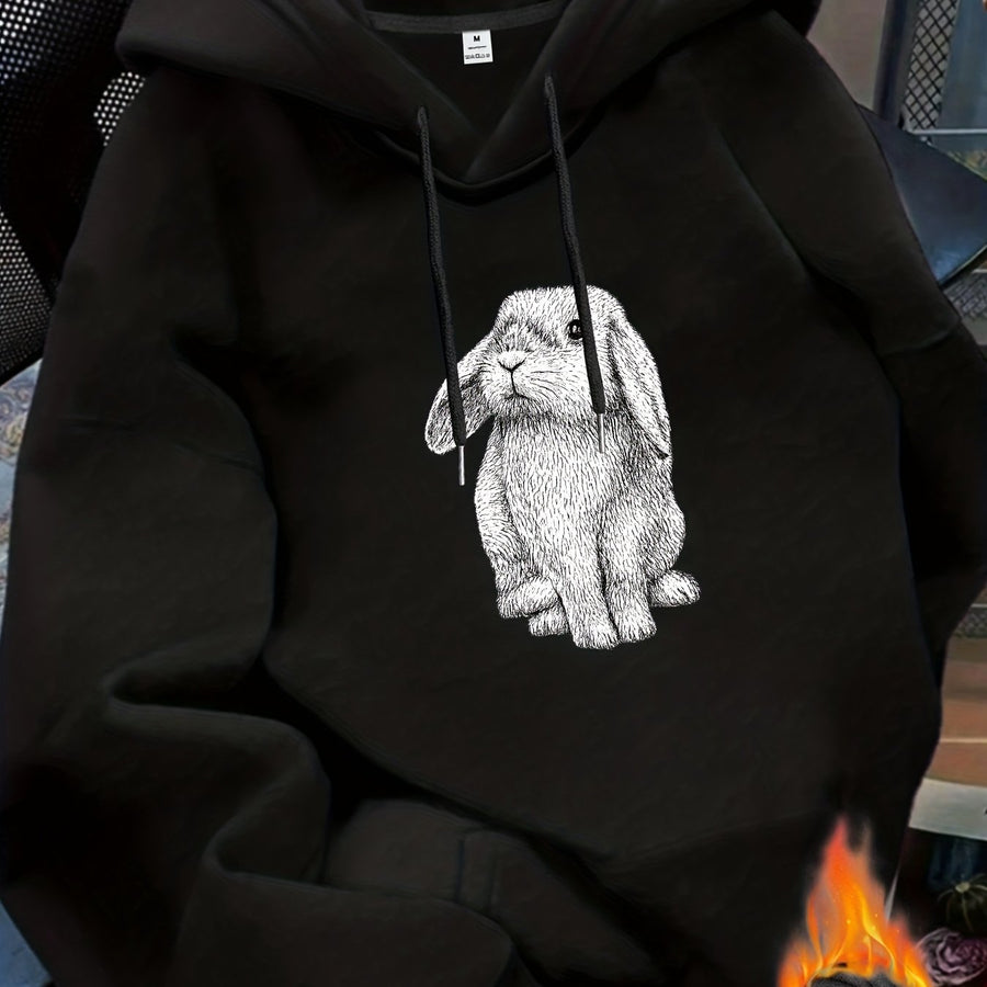 Unisex Hoodie med Kanintryck och Dragsko, Fickor, Mjukt Material