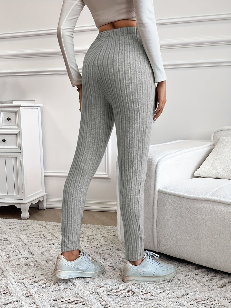 Ribbstickade leggings med hög midja och dragsko för dam