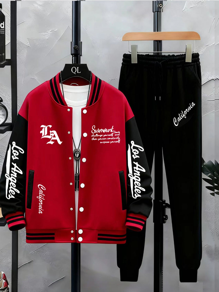 Unisex Varsity Träningsset med Tryck och Joggingbyxor, Tvåfärgad Jacka med Knappar