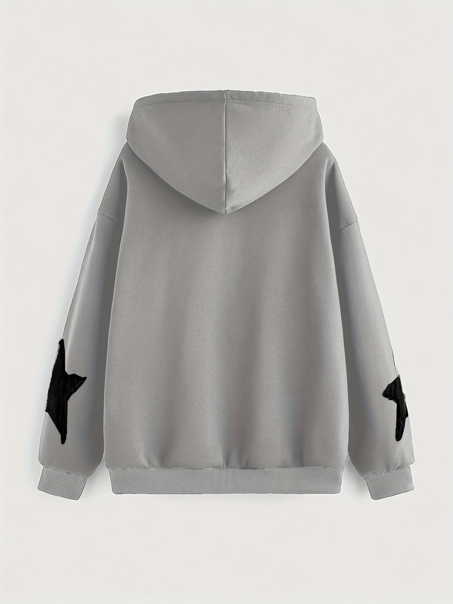 Brun Zip-up Hoodie med Huva och Stjärnmotiv – Rymlig Passform