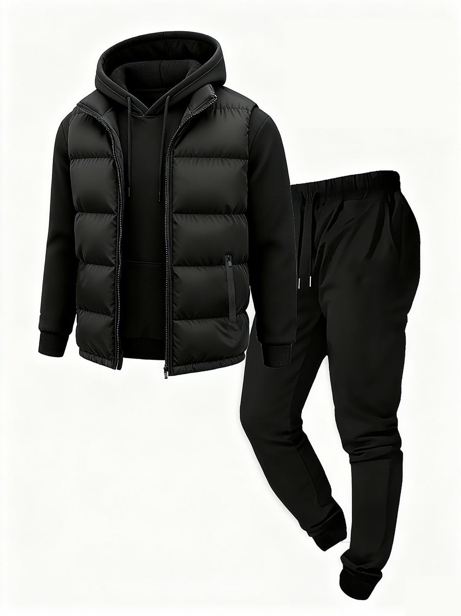 Svart Puffer Västhuvtröja och Byxset, Casual Herrset med dragsko