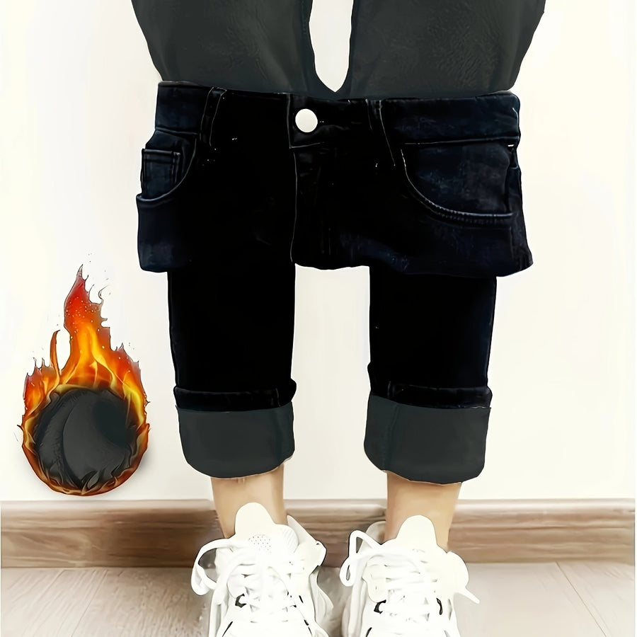 Svarta jeansleggings med foder, stretchiga termobyxor med hög midja