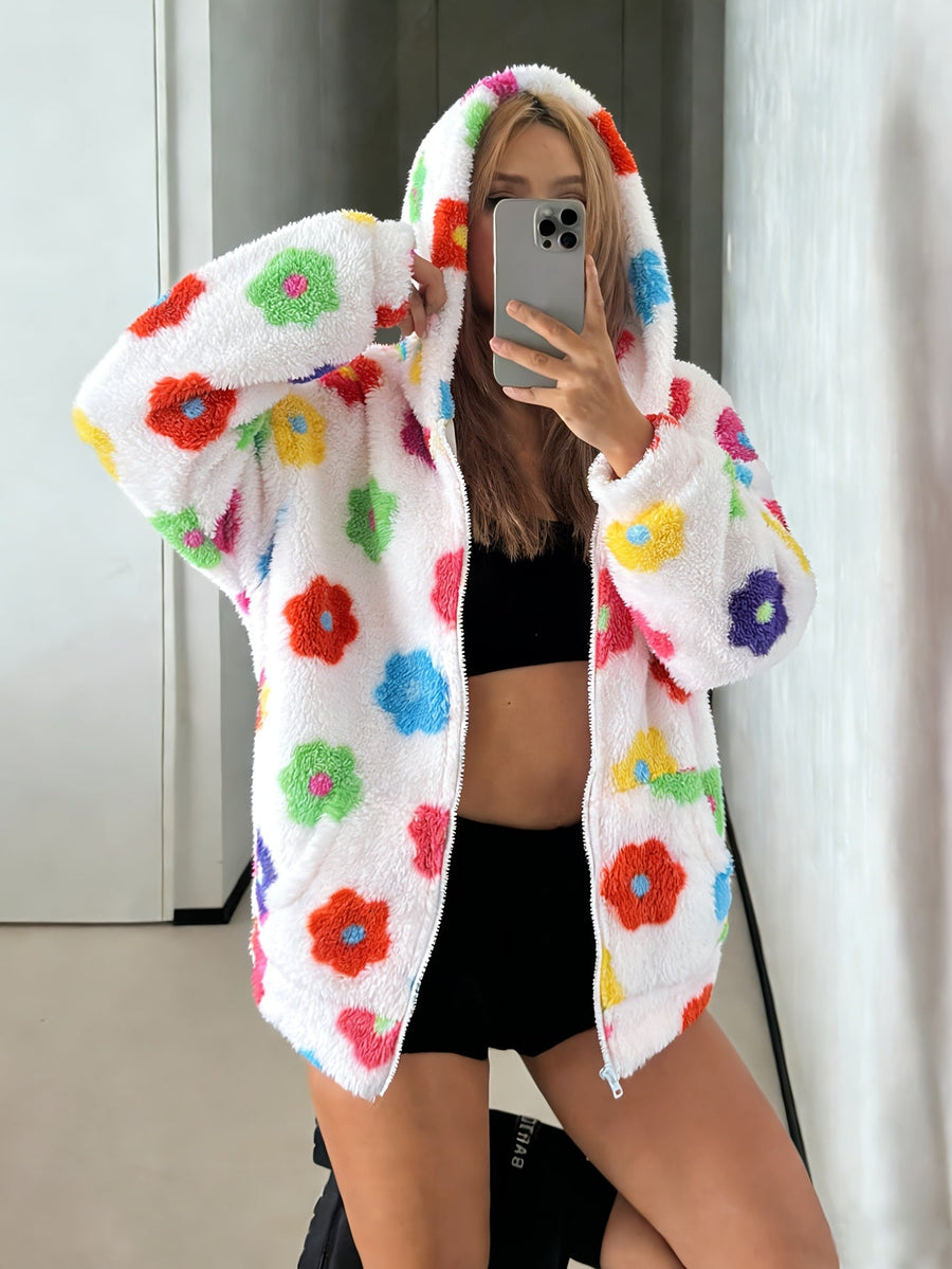Färgglad Blommig Teddyjacka med Huva och Dragkedja för Dam