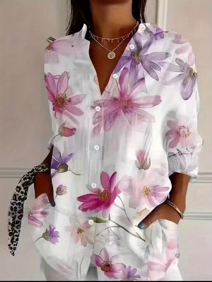 Dam Blommig Långärmad Skjorta – Elegant Vår/Sommar Stil för Avslappnad och Trendig Look
