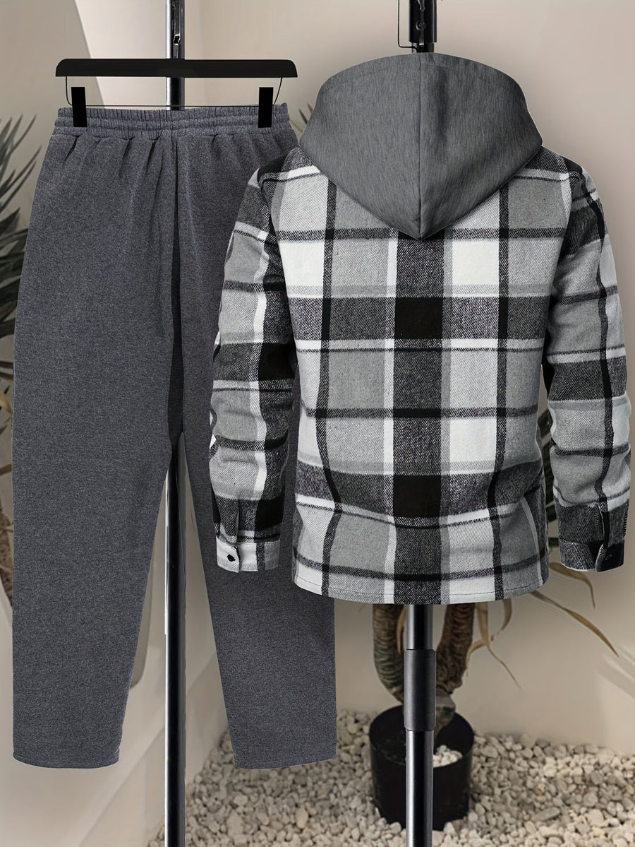 Rutig Hoodietröja med Skjortkrage och Byxor, Herrset med Långärmad Tröja och Sweatpants