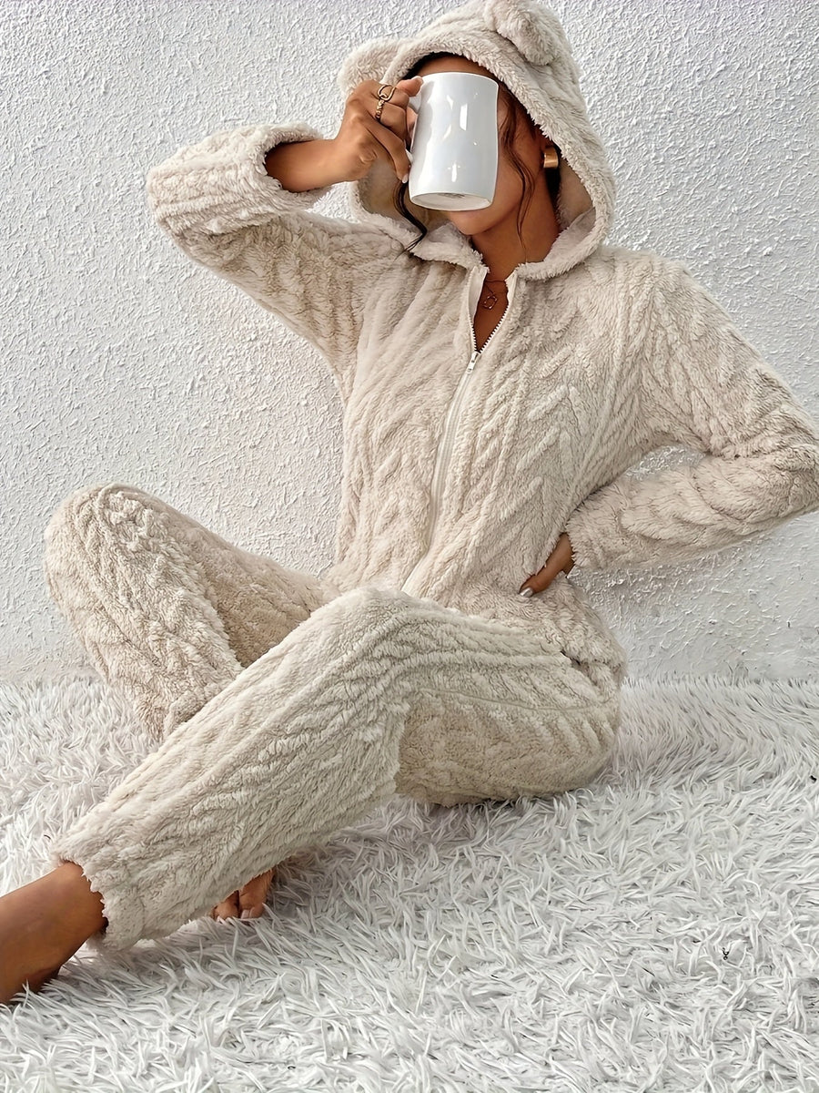 Dam Beige Teddy Overall med Huva och Dragkedja