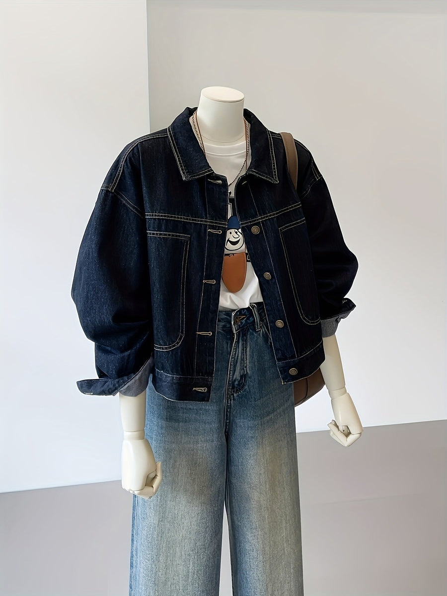 Dam denimjacka, mörkblå med klassisk krage och fickor
