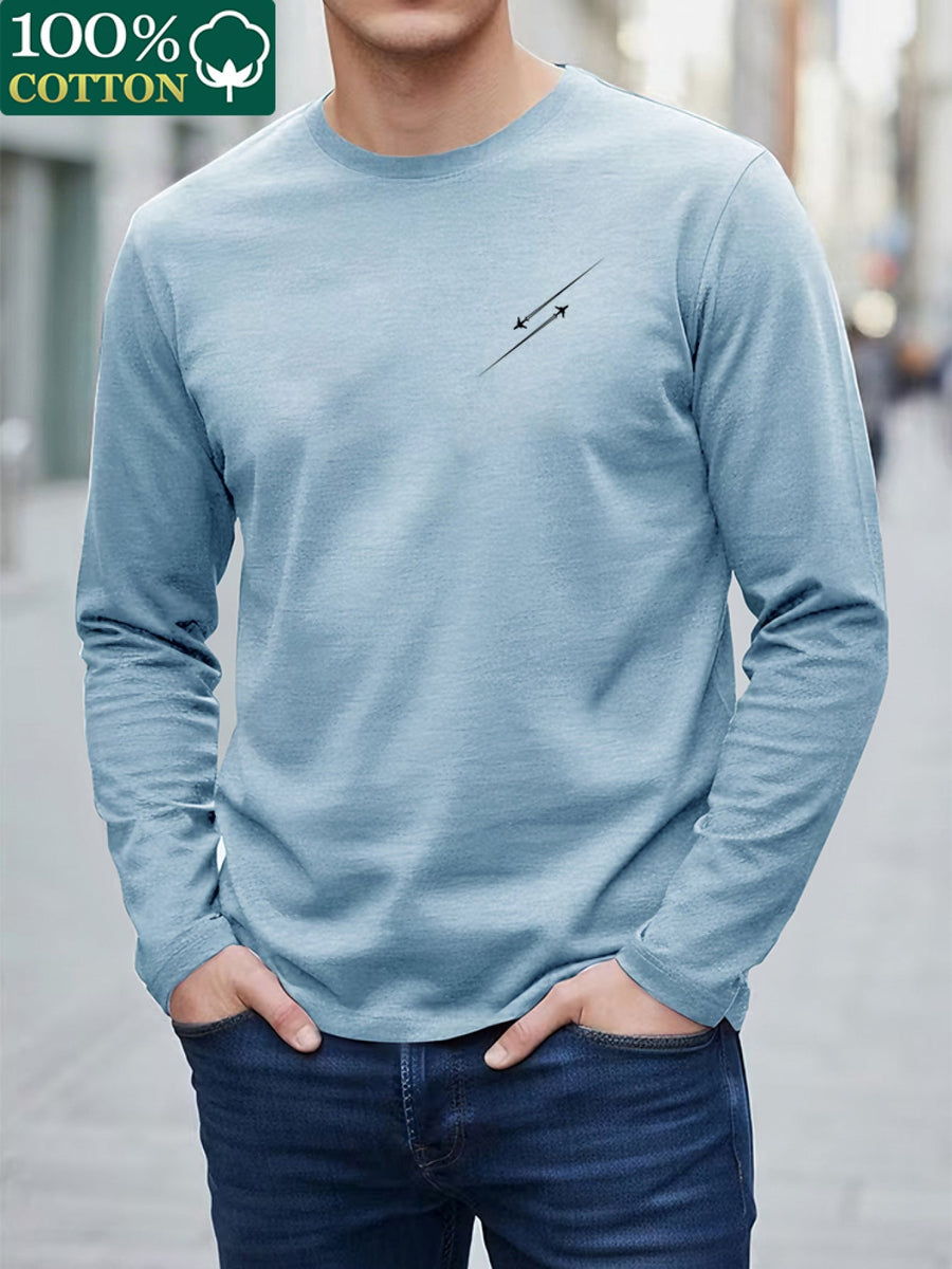 Herr Långärmad T-shirt med Rund Hals och Linjemönster