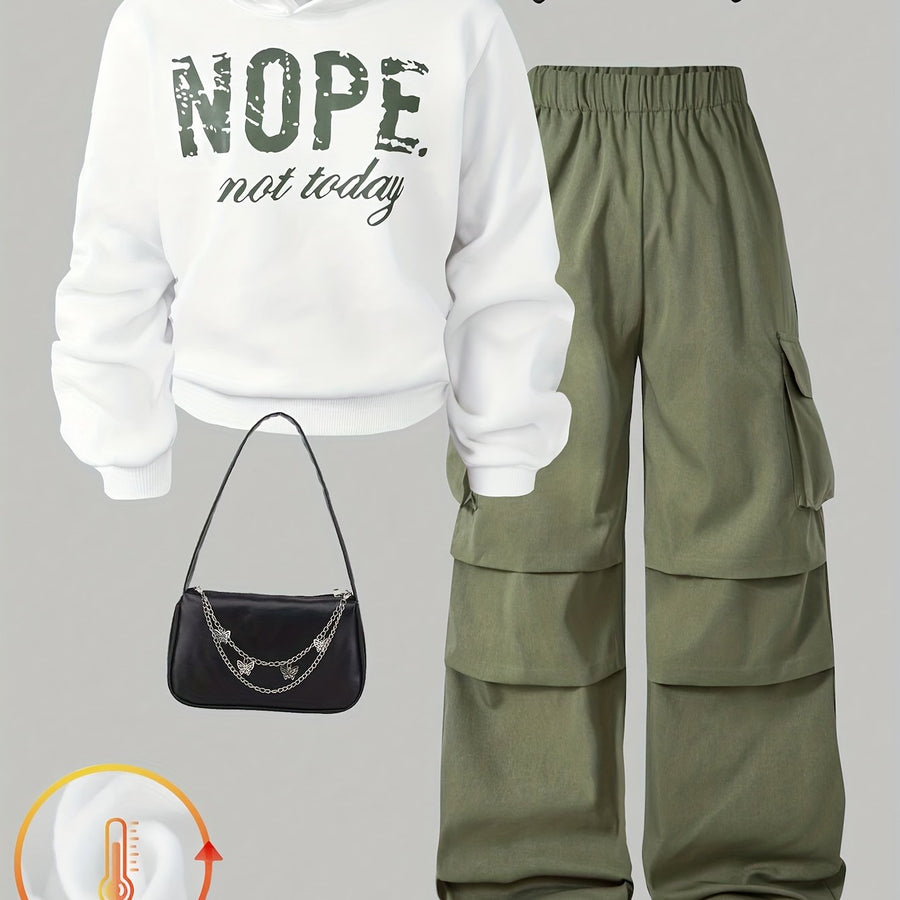 Unisex Hoodie & Cargobyxor Set Vit med Text Grön