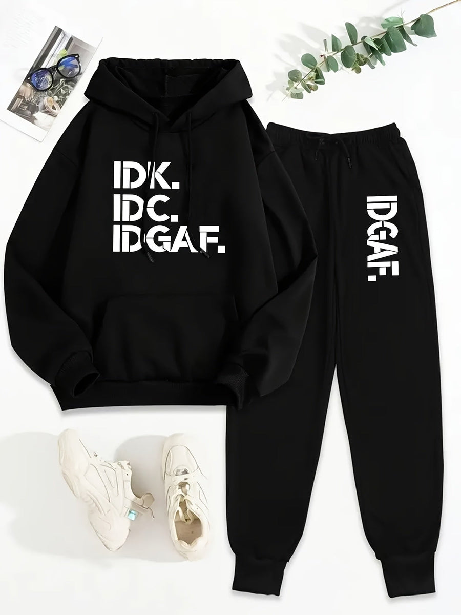 Hoodie och Mjukisbyxor Set med Texttryck – Unisex Träningsset med Huvtröja och Byxor