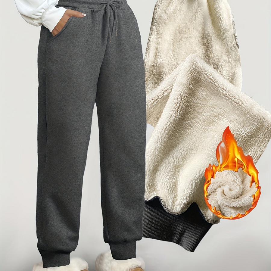 Fleecefodrade sweatpants för dam, enfärgade träningsbyxor med mudd
