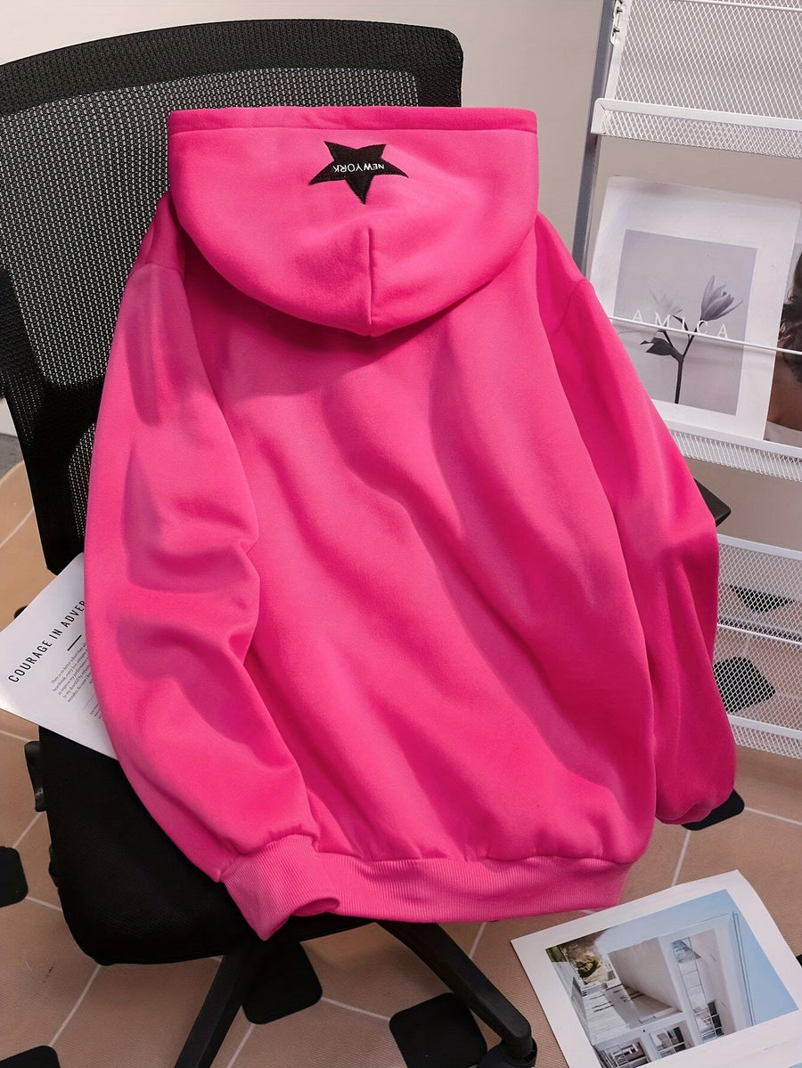 Rosa dragkedjehoodie med stjärna och text