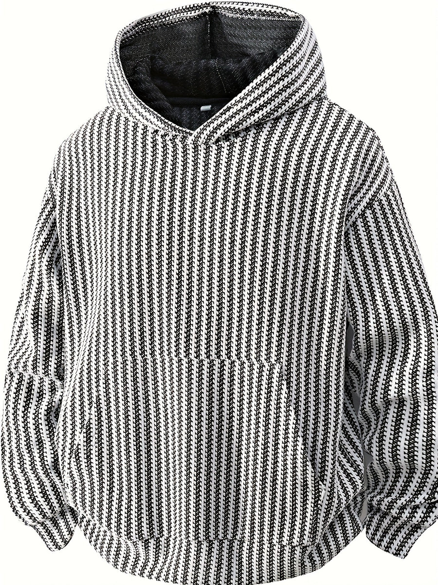 Hoodie med huva och känguruficka, ribbad textur