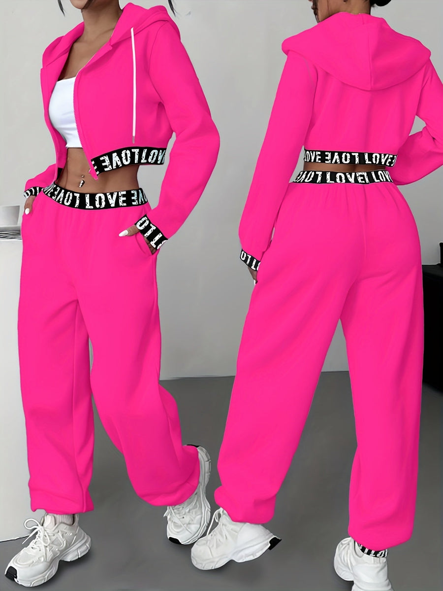 Dam Träningsset Crop Hoodie och Joggingbyxor med Hög Midja, Bokstavsmönster