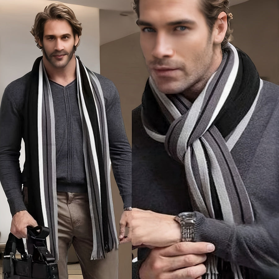 Men's Striped Fringed Color Blocked Winter Scarf