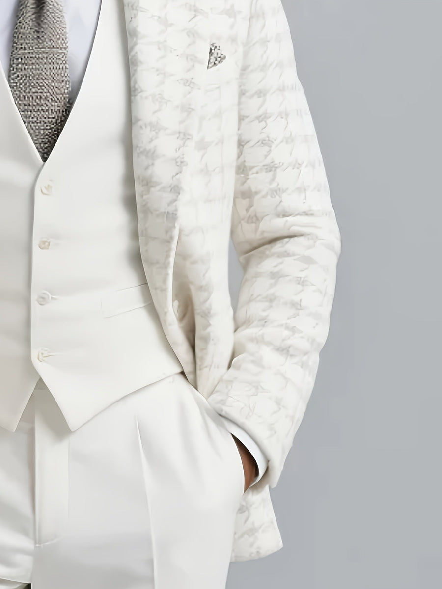Vit Kostym med Rutigt Mönster, Herr Tweedliknande Blazer och Västar