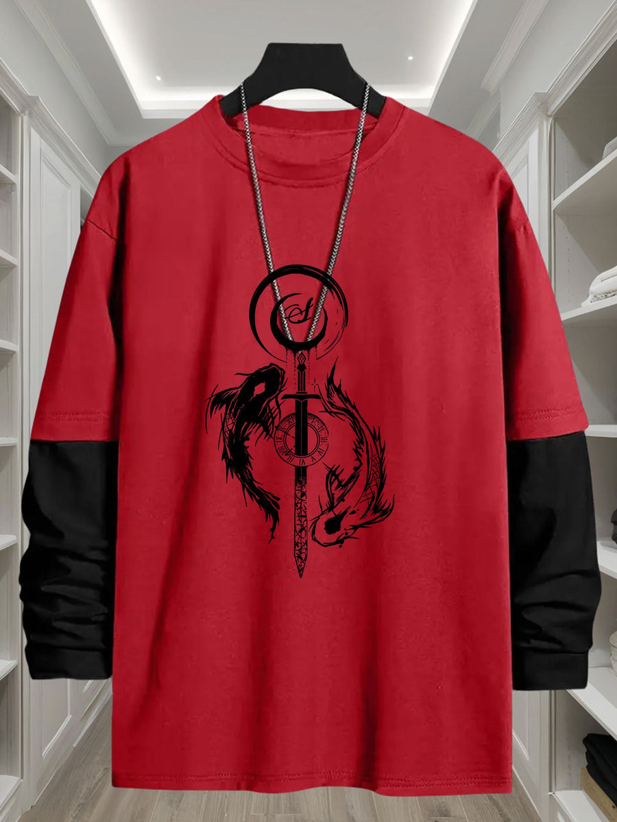 Långärmad t-shirt med lager-på-lager-look och svärd- & drakmotiv