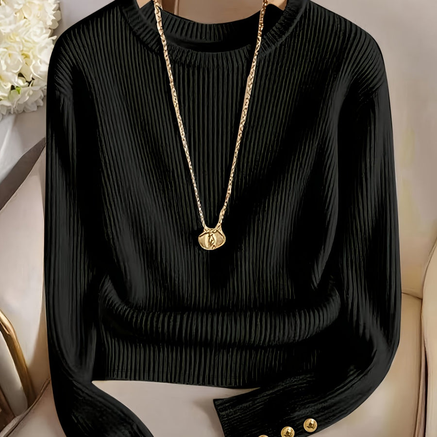 Ribbad Tröja med Rund Hals och Knappdetaljer