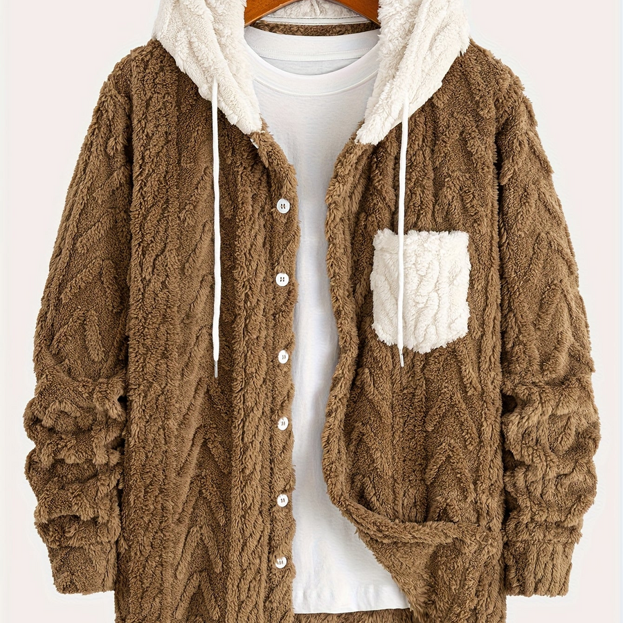 Hoodie i teddyfleece med knappar och ficka, fiskbensmönstrad