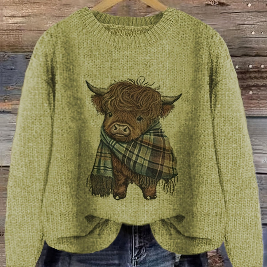 Women's Crew Neck Highland Cow Graphic Pullover Sweater